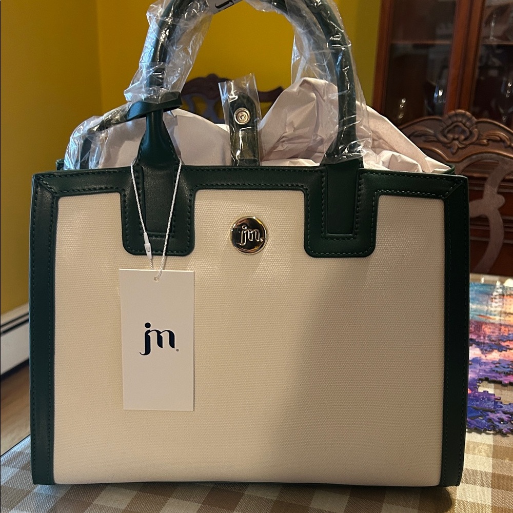 NWT JM Green and Cream Tote Bag